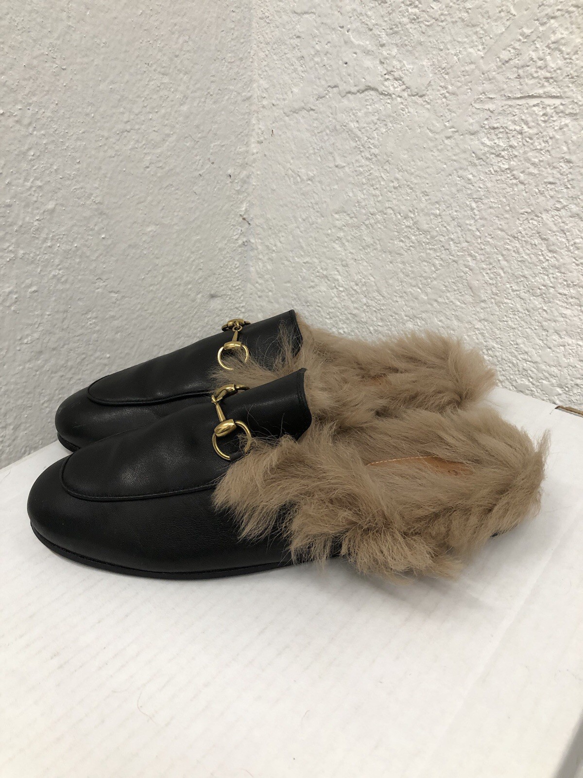 Gucci Princetown Black Leather Fur Mules EU 37 US 7 M76 image 3