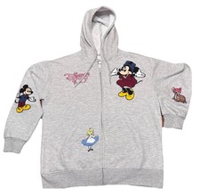 Disney 100 Hoodie Zip Up Gray Embroidered Mickey Minnie Alice Bambi Size Large