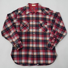 Pendleton High Grade Western Wear Shirt Mens Med Long Red Plaid Wool Pearl Snap