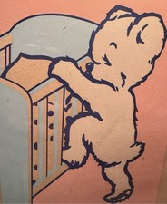 Vintage 1940s Kitschy Cute Sleepy Bear Crib Framed Nursery Art Decor