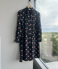 Tory Burch Midi Dress Black Pink Polka Dot Silk Chiffon Ruffle V-Neck 4