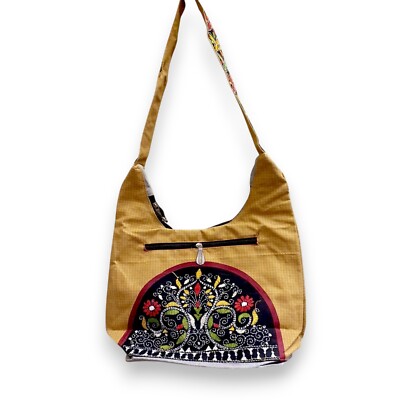 Bestickte Schultertasche Ethno Crossbody Tote mit 3 Reißverschlüssen & verstellbaren Streifen