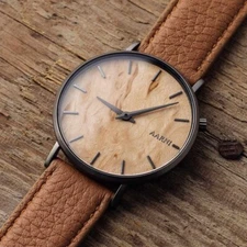 Aarni tundra, Scandinavian design, Curly birch wood dialed unisex wristwatch