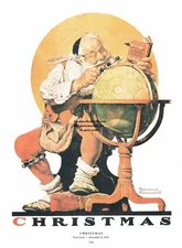 Norman Rockwell SANTA Print PLANNING HIS TRIP AROUND THE GLOBE Christmas 11x15"