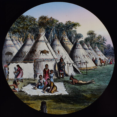 EIN SIOUX VILLAGE UM 1890 ANTIK magische Laterne Dia INDIANER INDIANER