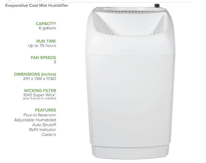 AIRCARE 6 Gallon Evaporative Cool Mist Humidifier Automatic Shut Off 2700 Sq Ft