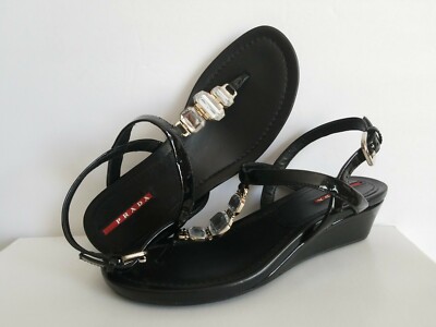 PRAD A SPORT Black Patent Crystal Thong Wedge Sandals 36.5 I LOVE SHOES