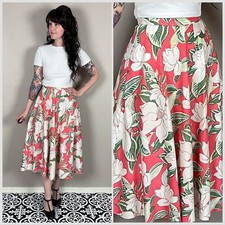 Vintage 1980s Coral Hawaiian Floral Print High Waist Midi Skirt - 26" Waist