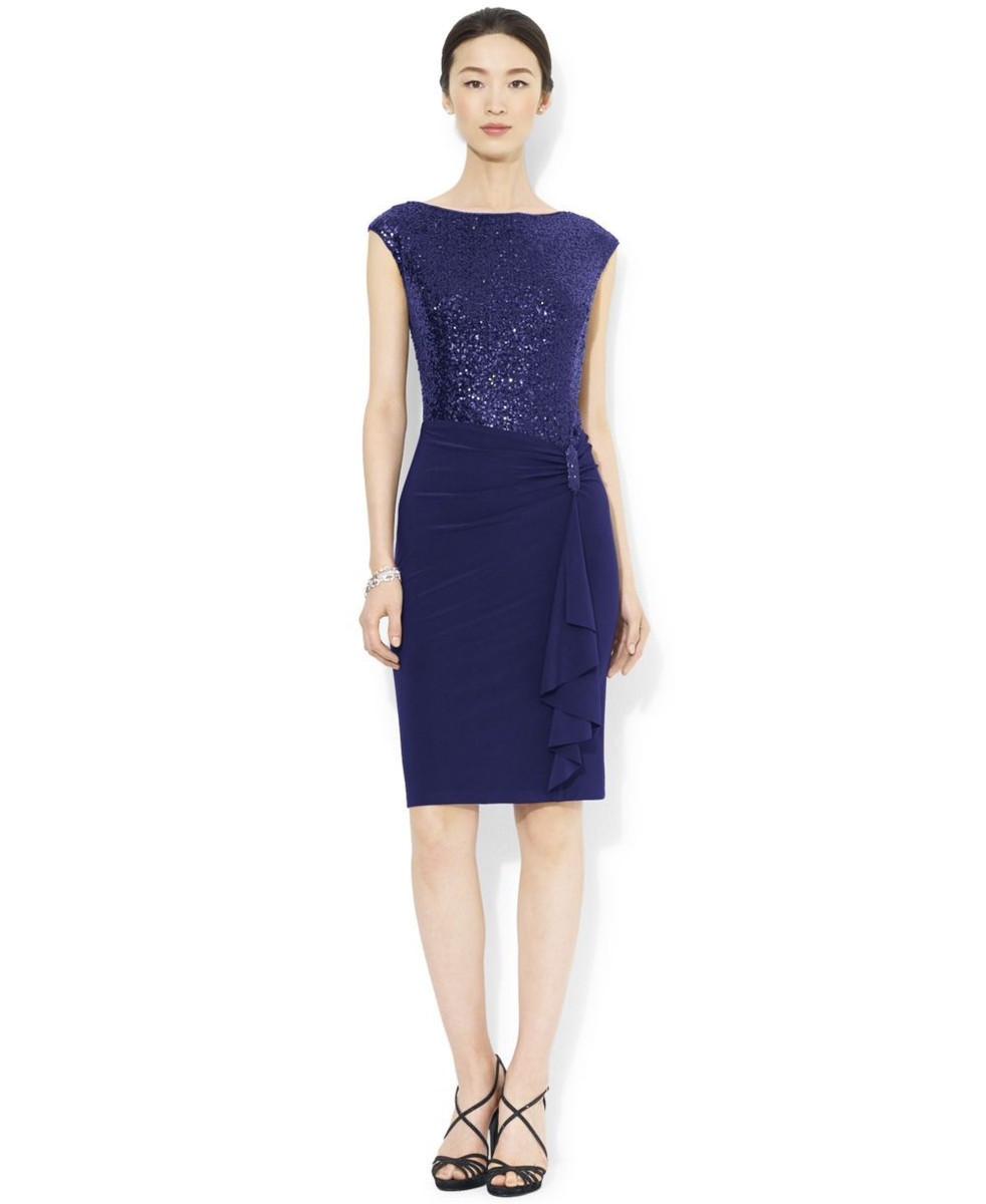 Ralph Lauren LACE MIDI DRESS sequin ワンピース NAVY Ralph Lauren Navy Shine Sequin Ruffle Stretch Jersey Sheath