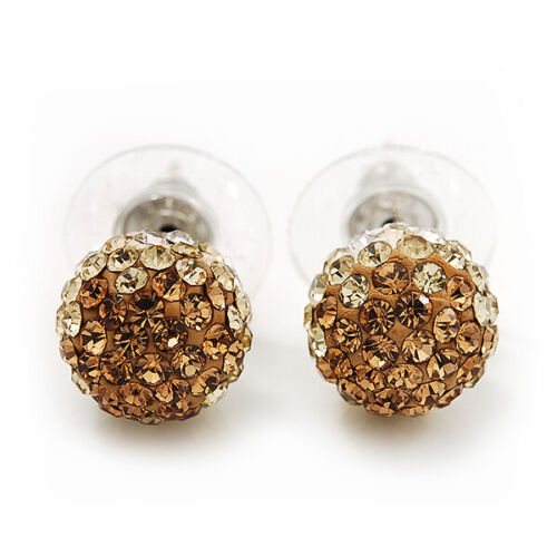 10mm Crystal Ball Stud Earrings In Silver Tone/Light Citrine/Champagne/Clear - Picture 1 of 4