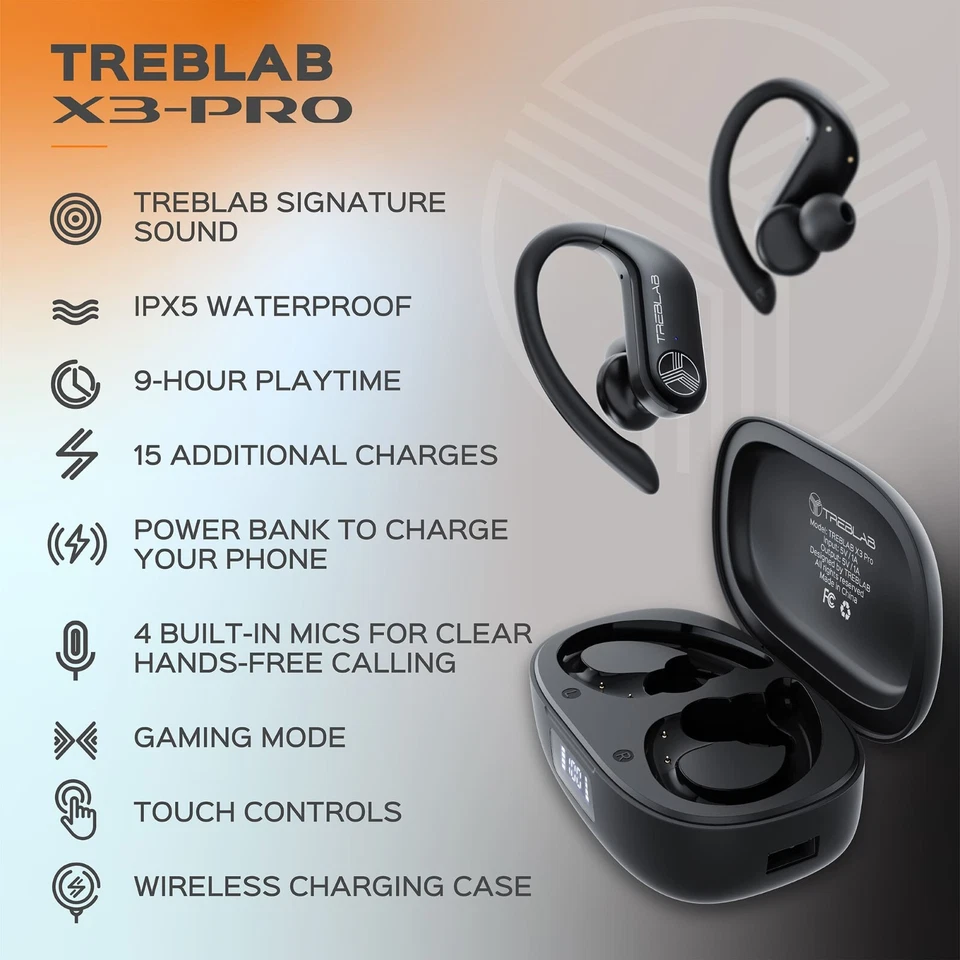 Treblab X3 Pro-W - Waterproof Wireless Earbuds w/ Earhooks - up to 145H Playtime - Image 4 of 4