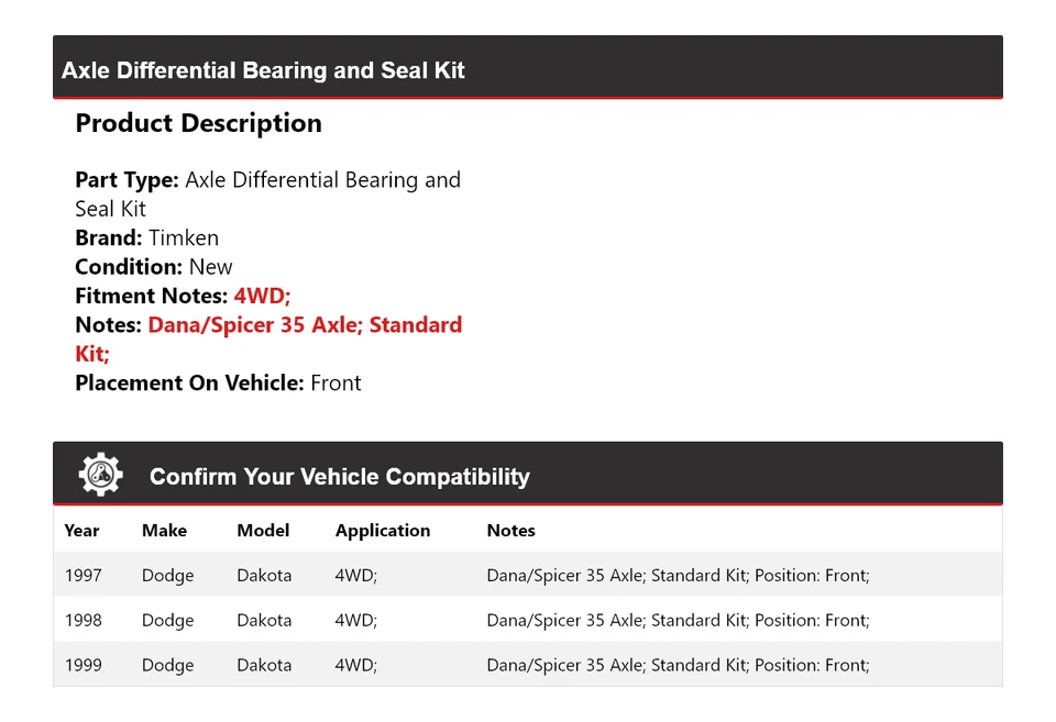 Kit de cojinete y sello diferencial de eje delantero Timken para Dodge Dakota 1997-1999 Foto 2 de 3