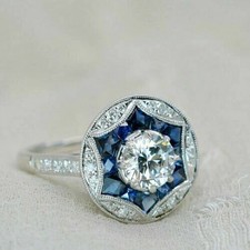 Art Deco Style Lab-Created Diamond  Sapphire Engagement 14k White Gold FN Ring