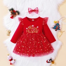 Baby Girl Xmas Outfit Long Sleeve Tulle Tutu Dress  Headband Princess Set