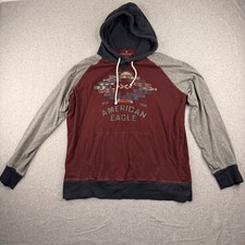 American Eagle Mens Hoodie Large Burgundy Grey Southwestern Graphic Raglan L