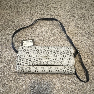 GUESS Women's Logo Chain Credit Card Wallet Black Gray Folding Mini Style