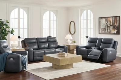 GENUINE Top-Grain Leather Power Recliner & Headrest 3PC Sofa Set Gray Blue