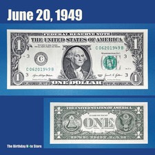 June 20, 1949 Birthday Anniversary $1 One Dollar Bill Serial Number 06201949