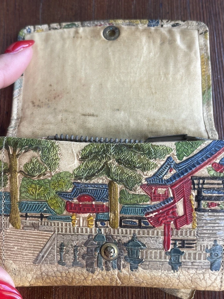 1920s Japanese Embossed Leather Wallet w/ Original Hanky Scenic Floral As-Is - Image 4 of 4