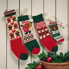 VTG Lot of 4 Acrylic Knit Family Christmas Stockings Elf Santa Bears Pom Poms