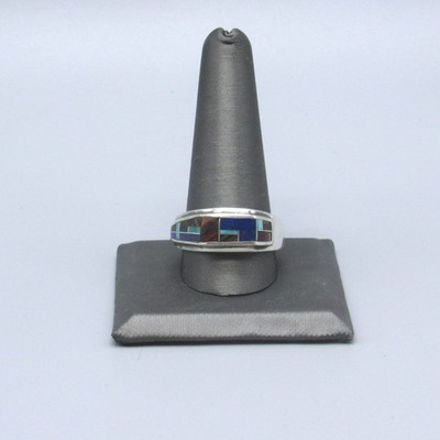 Asymmetrical Sterling Silver Multi-Stone Inlay Ring Size 12.5