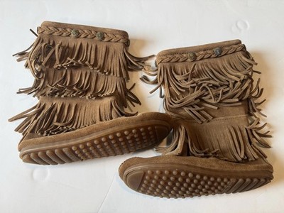 Minnetonka Boots Girls Youth Size 2 Brown Suede Moccasin 3 Layer Fringe Zip Up