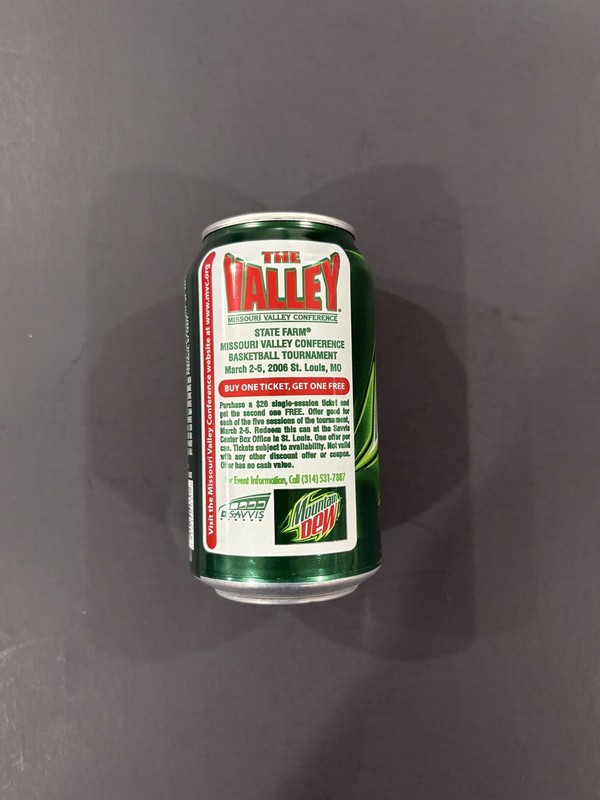 Mountain Mtn Dew Soda Can. 2006. Side Panel Ad. Missouri Valley Basketball. 