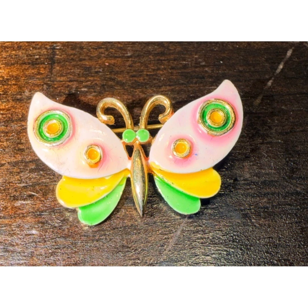 Mylu Vintage Butterfly Brooch Pink Green Yellow Enamel Gold Tone Pin Whimsical