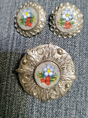 #ad Stunning Vintage Micro Mosiac Floral Earrings amp; Brooch Set Signed Italy $59.00