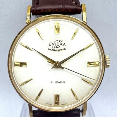 ENICAR Vintage Manual Wind Watch 35mm Gold Plated Leather Band 17 Jewels