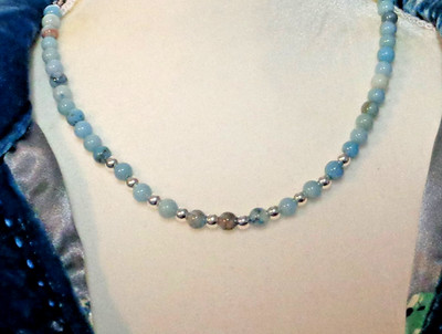 Artisan crafted18  Larimar and sterling beads on chain with snowflake obsidian