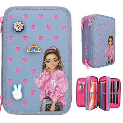 TOPModel 3 Fach Federtasche gefüllt Mädchen Schulmäppchen Pins Blau Neon