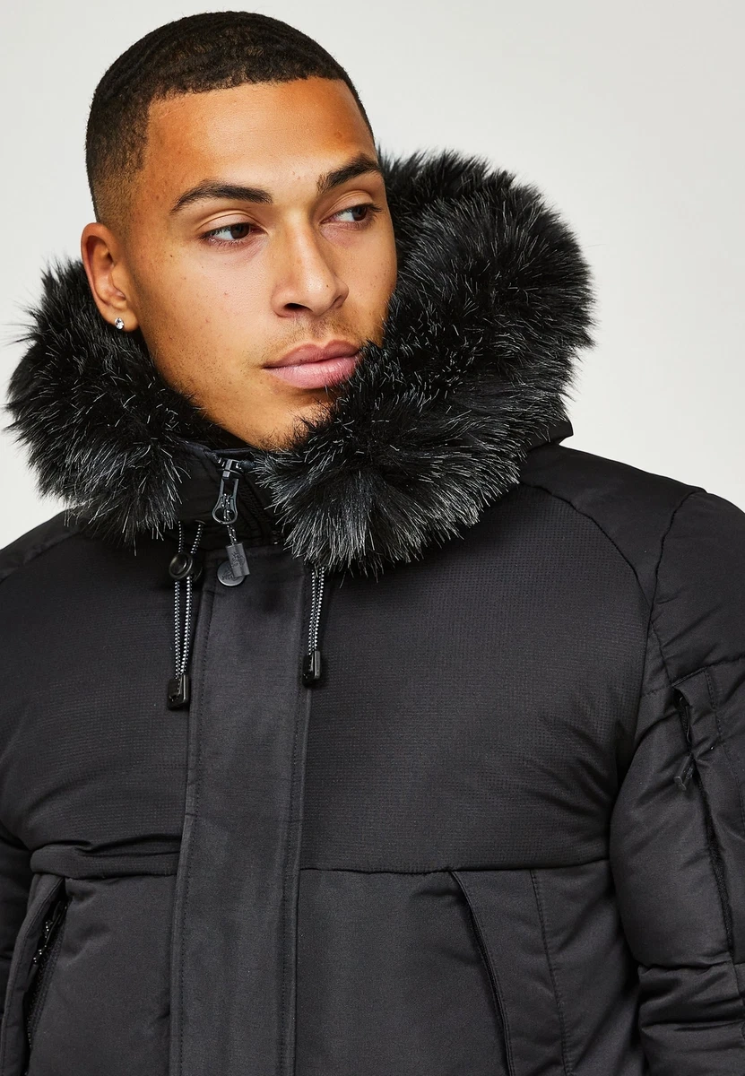 Short black puffer store coat with fur hood