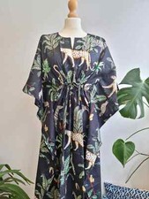 Indian Black Animal Printed Cotton Hippie Maxi Women Nightwear Caftan Dress