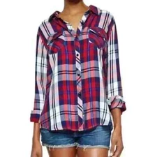 Rails FAB! Carmen Long-Sleeve Plaid Pockets Shirt in Red White & Blue Size XS