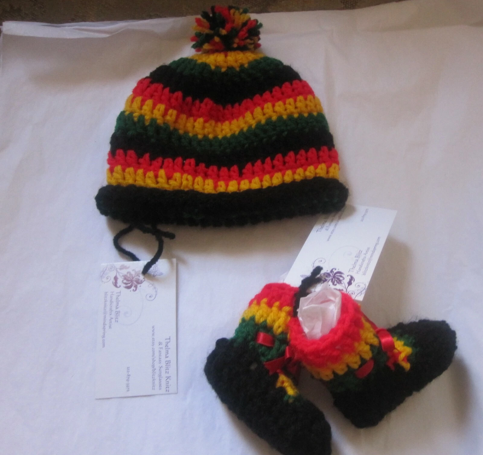 Rasta Baby Beanie Booties Unisex Set Newborn 0-3 mo Jamaica PomPom Shower Gift