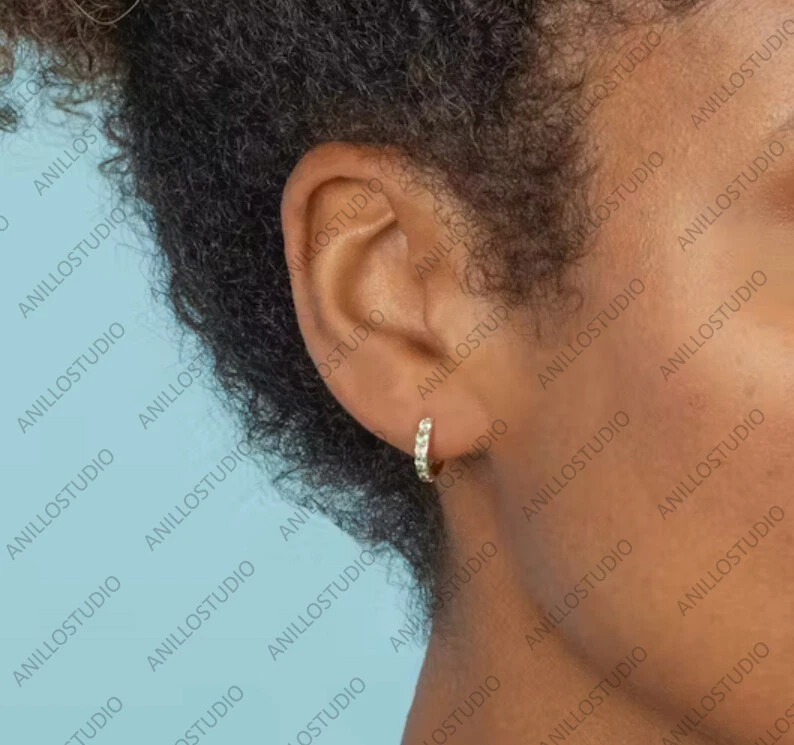 Natural Peridot Cartilage Earrings, Mini HoopsHuggies Earrings 14k Yellow Gold - Image 4 of 4