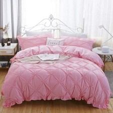Velvet Solid Pintuck Pleated Duvet Cover Set Chic 3 Pieces Bedding Queen Pink NE