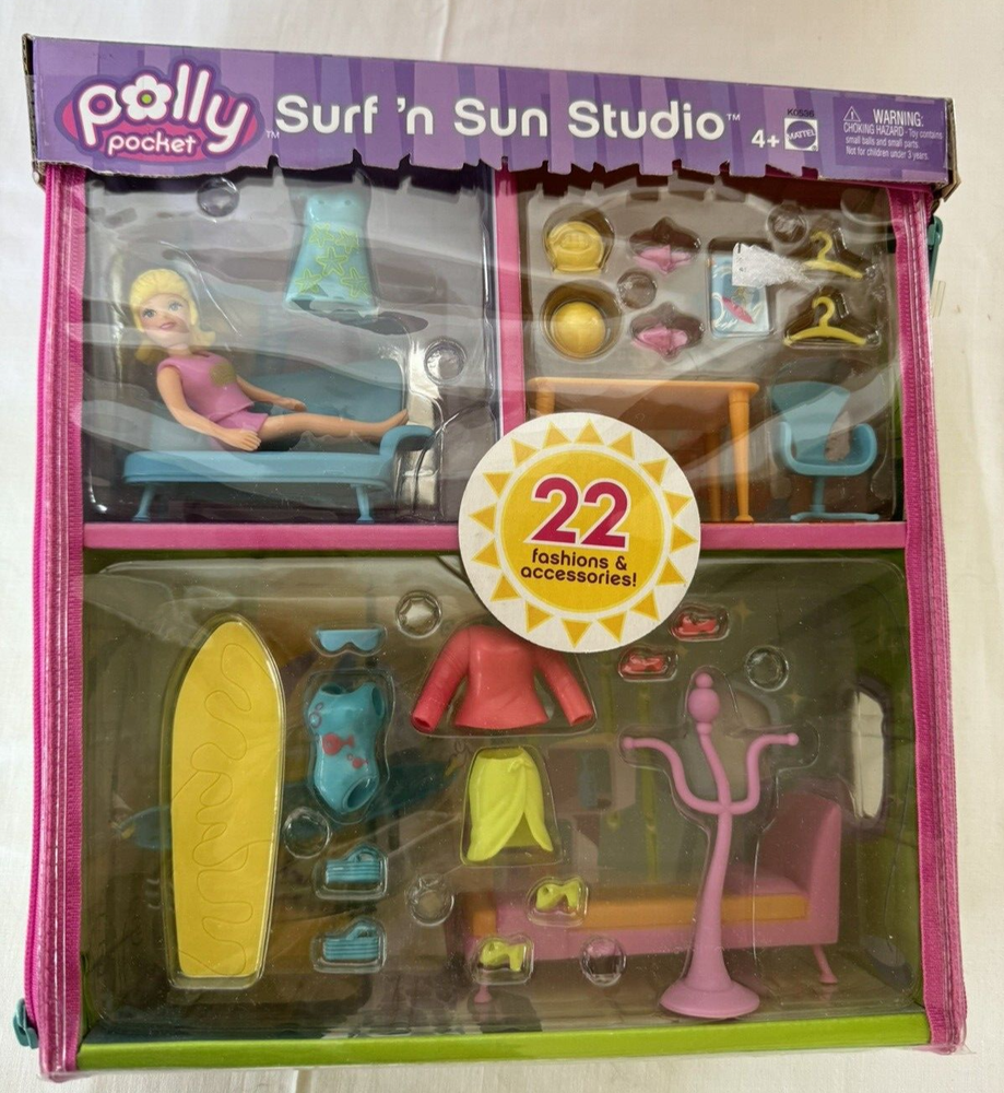 NEW POLLY POCKET SURF N SUN STUDIO PLAYSET CASE W/ DOLL FURNITURE & CLOTHES