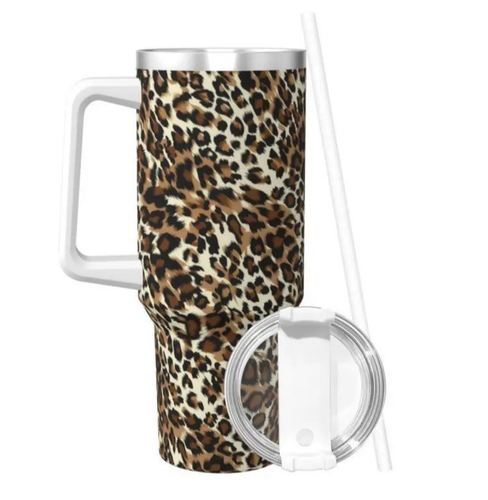 40 oz Tumbler Brown Leopard print insulated stainless steel cup lid straw bottle - Picture 2 of 10