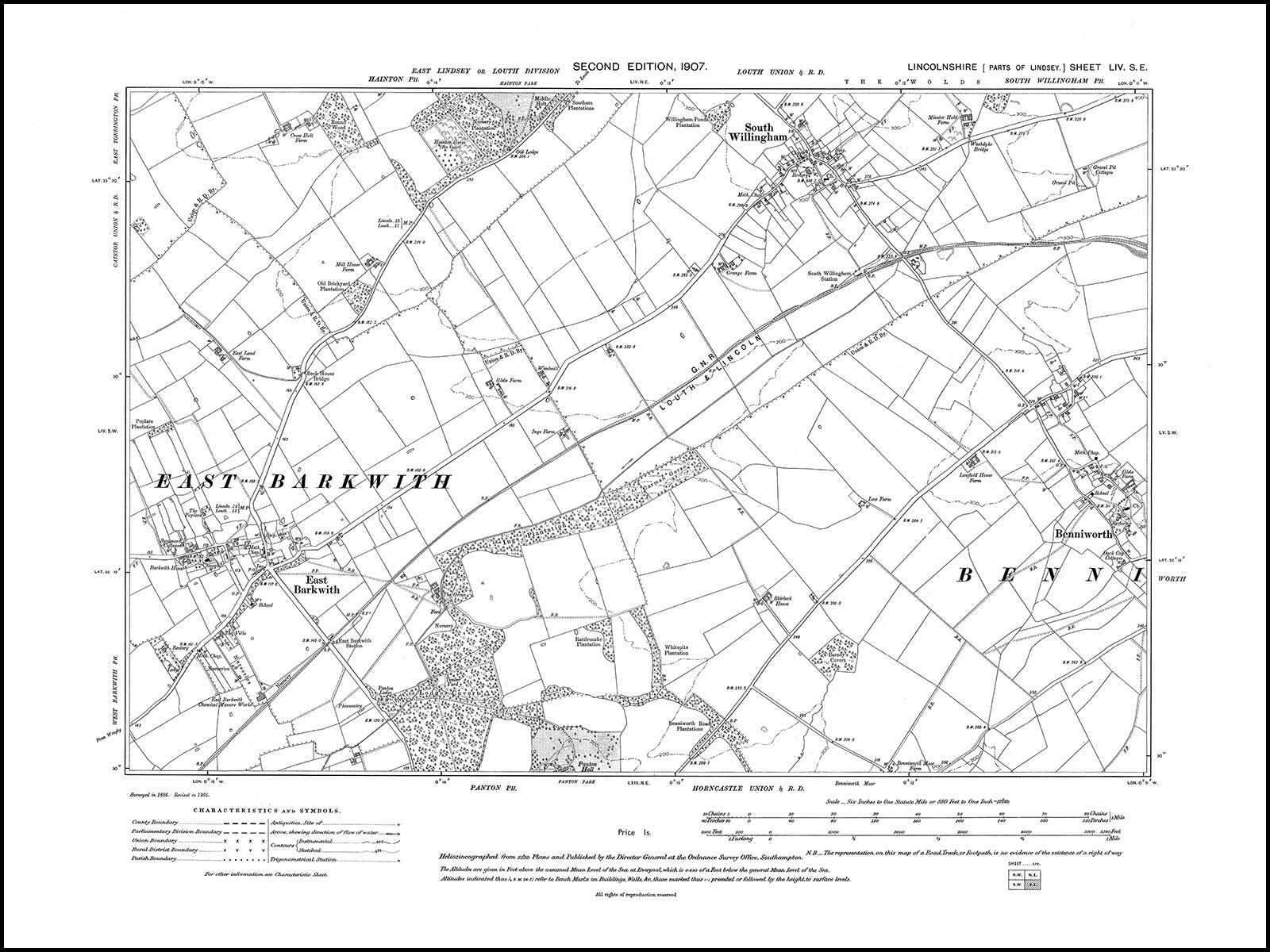 South Willingham, East Barkwith, Benniwor 1907 old map Lincolnshire 54SE repro eBay