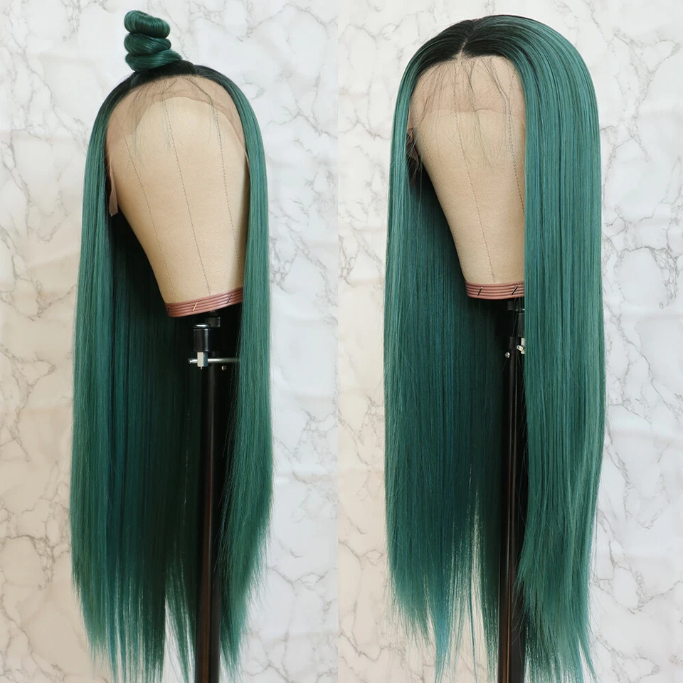 Pelucas delanteras de encaje verde ombre sintéticas resistentes al calor pelo largo liso suave EE. UU. Foto 3 de 4