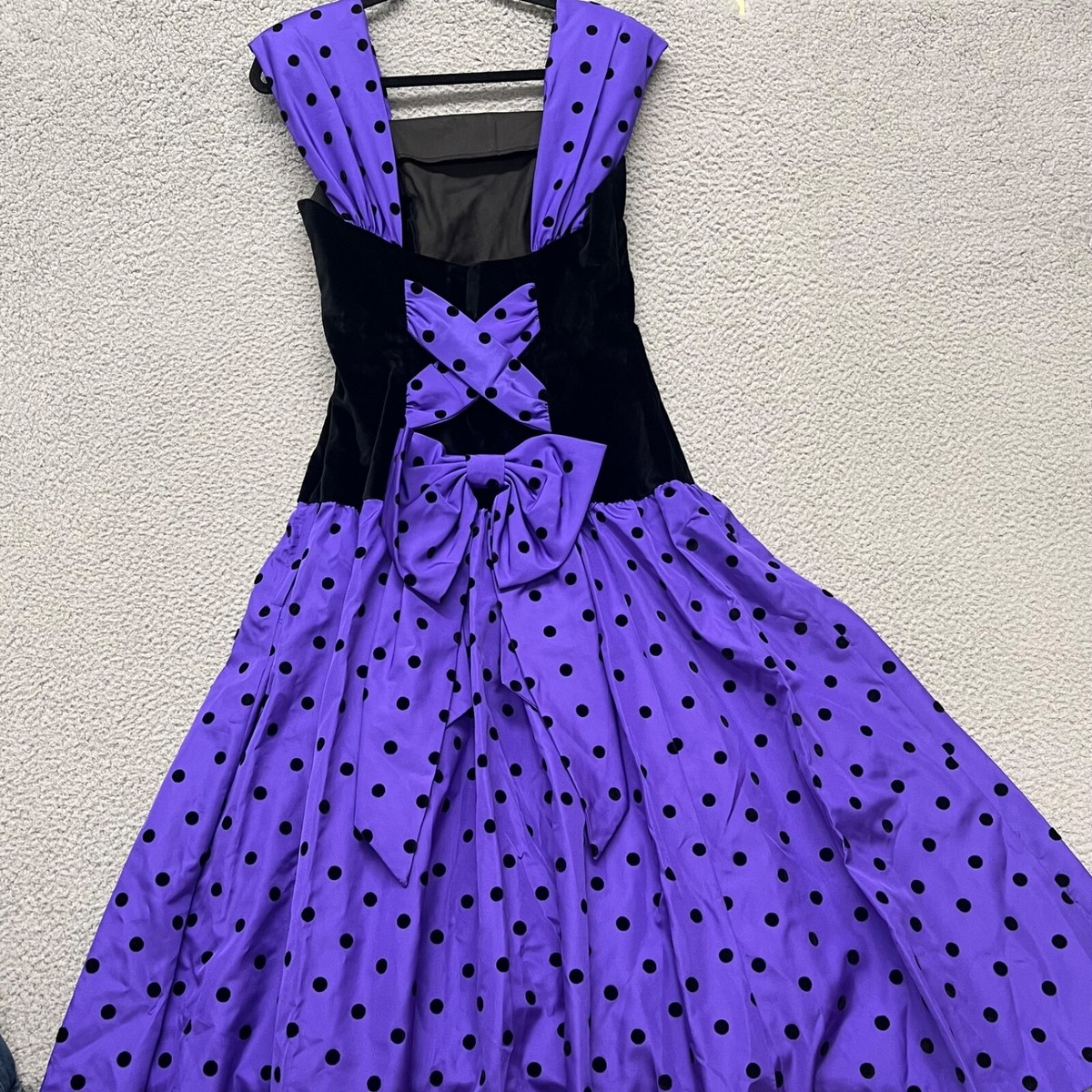 Vintage 80s Polka Dot Velvet Dress Womens 12 Purple Leslie Lucks Prom Party  Bow | eBay