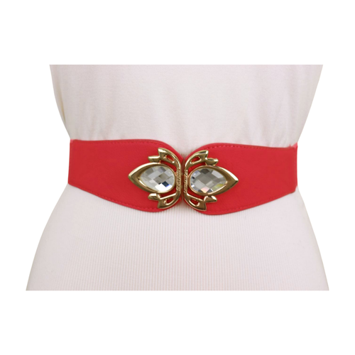 Women Coral Pink Red Elastic Waistband Fashion Belt Gold Metal Bling Buckle S M - Picture 5 of 24