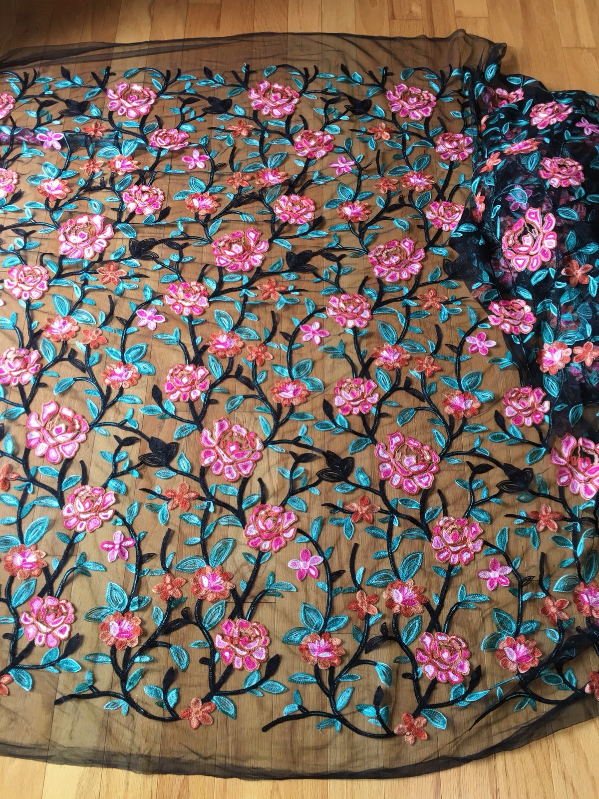 51" Wide Lace Fabric with Embroidery Flowers with Black Mesh Base for Sewing