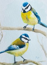 Blaumeise Original Wasserfarben Malerei, Meise Vogel Aquarell Gemälde, 13x18 cm