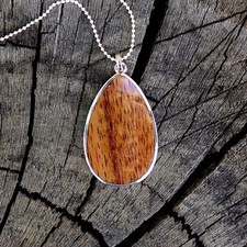 Hawaiian Jewelry Koa Wood Scroll Tear Drop Rhodium Plated Brass Pendant BRP1094