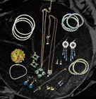 Vintage Blue And Green Variety Colorful Costume Jewelry Lot Of 19 Pieces