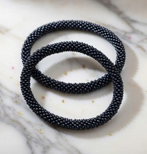 Set of 2 Handmade Glass Seed Bead Crochet Bracelets Solid Color Boho Nepal Bangl