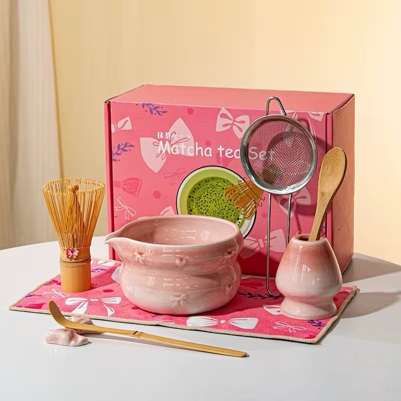 Juego de 8 piezas Matcha - Kit de té Matcha japonés rosa - Juego de regalo Matcha Starter Reino Unido